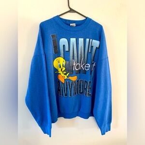 VTG Looney Tunes Tweety Bird Sweatshirt Crewneck Pullover Graphic Blue XL XXL